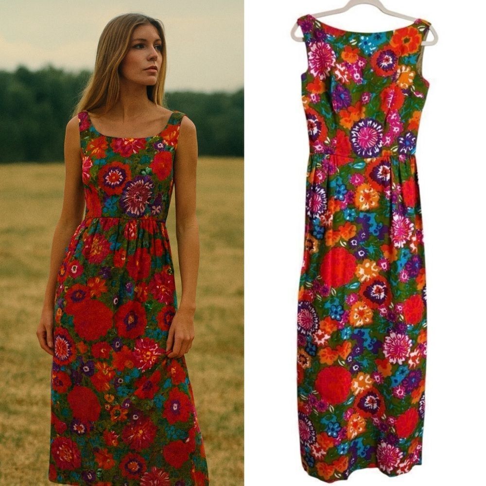 Vintage 60's Sandra Post Bold Psychedelic Floral Print Pillar Dress Small RARE